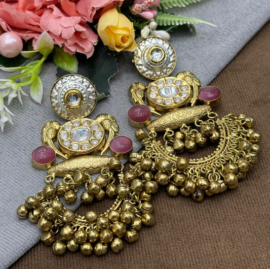 Antique Gold-Plated Statement Earrings with Kundan, Pink Stones & Beaded Drop
