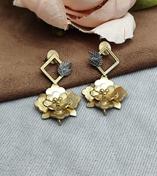 Gold-Plated Floral Drop Earrings with Geometric Design & Leaf Detailing