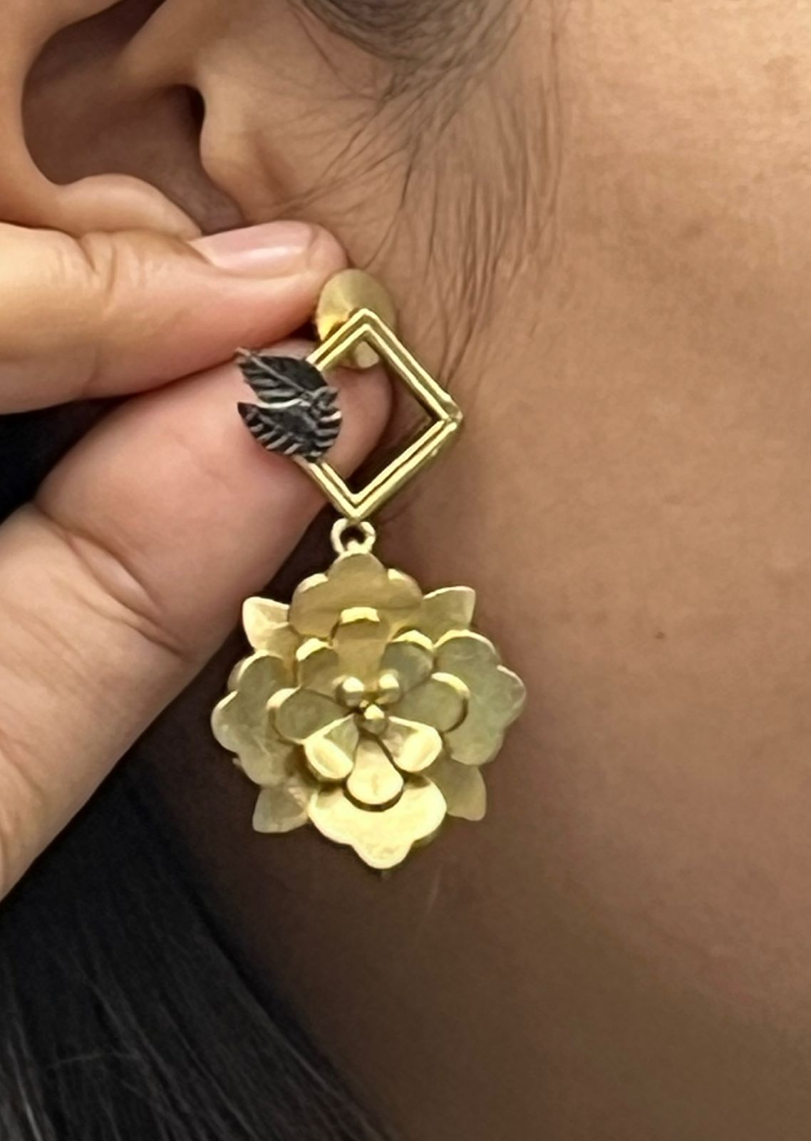 Gold-Plated Floral Drop Earrings with Geometric Design & Leaf Detailing