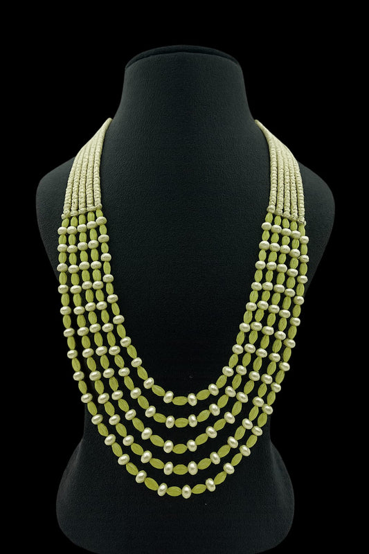 Elegant Long Mint Green Beaded & Pearl Five Layer Mala For Women