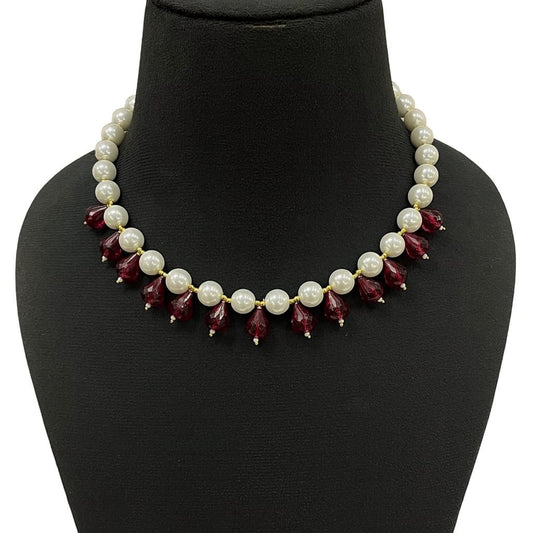 Unique White Pearls with Red Drop Beads Choker Style Mala