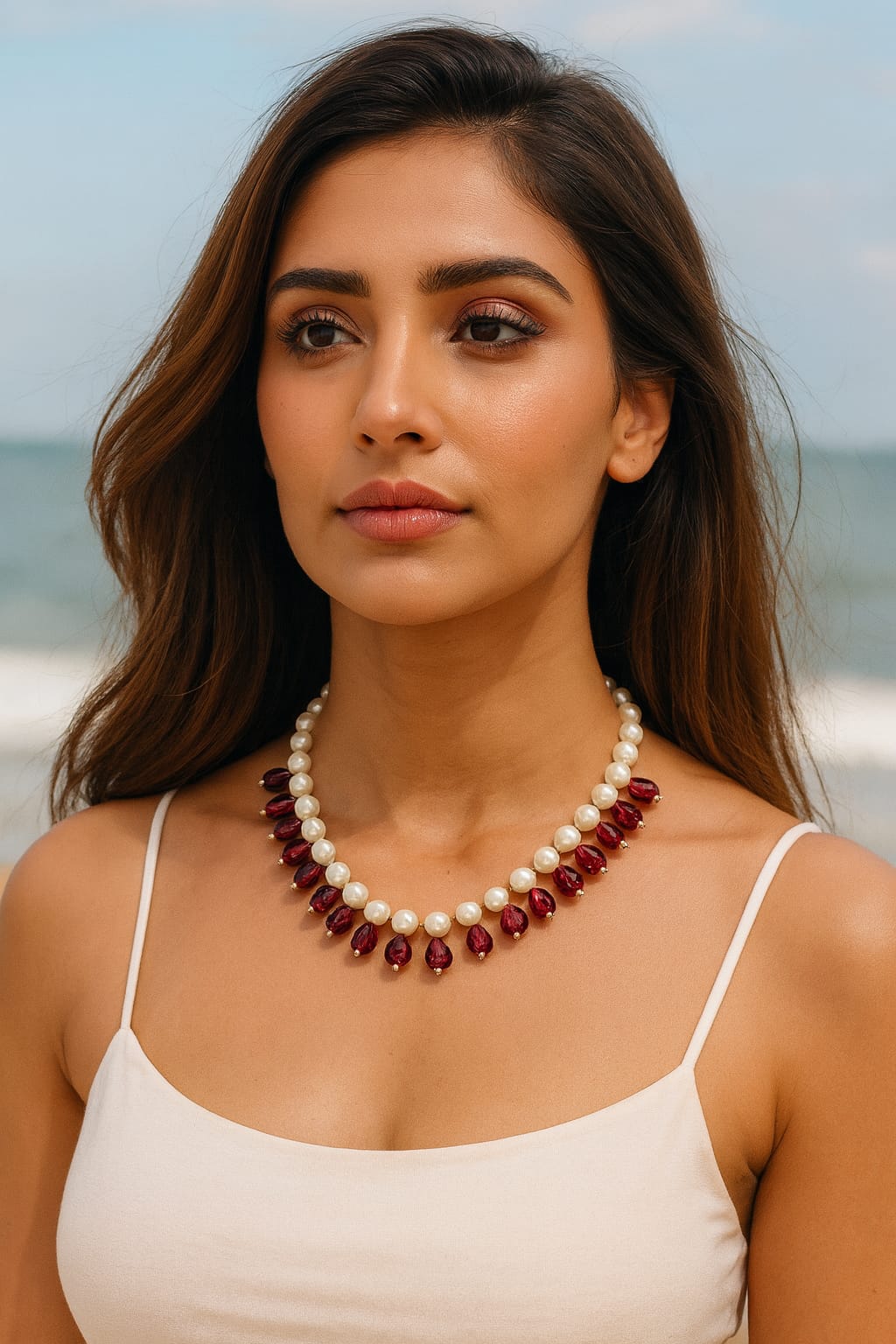 Unique White Pearls with Red Drop Beads Choker Style Mala