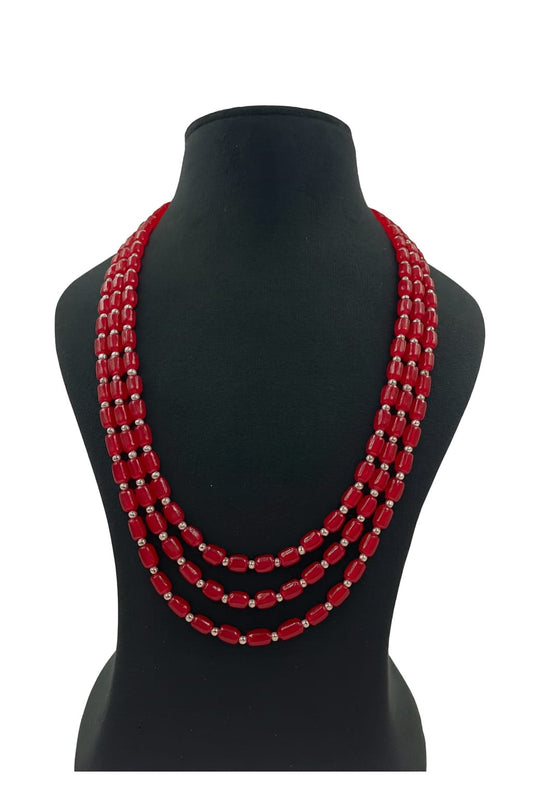 Elegant Three layer mala with bold red beads For Women