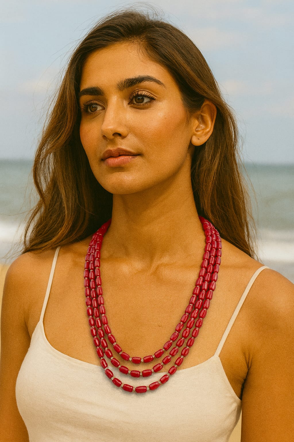 Elegant Three layer mala with bold red beads For Women