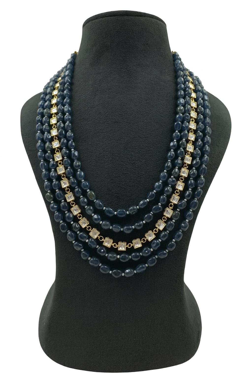 Grand Emerald Blue Beaded Mala with Gold & Stone with Five Layer