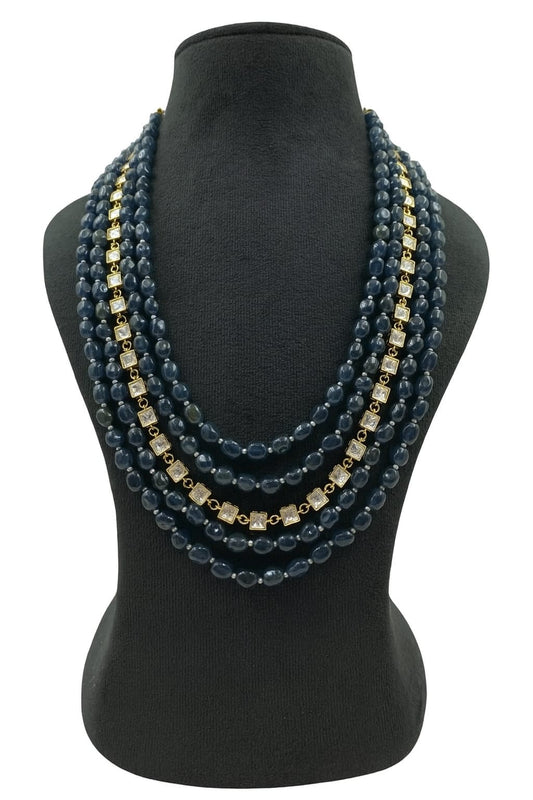 Grand Emerald Blue Beaded Mala with Gold & Stone with Five Layer