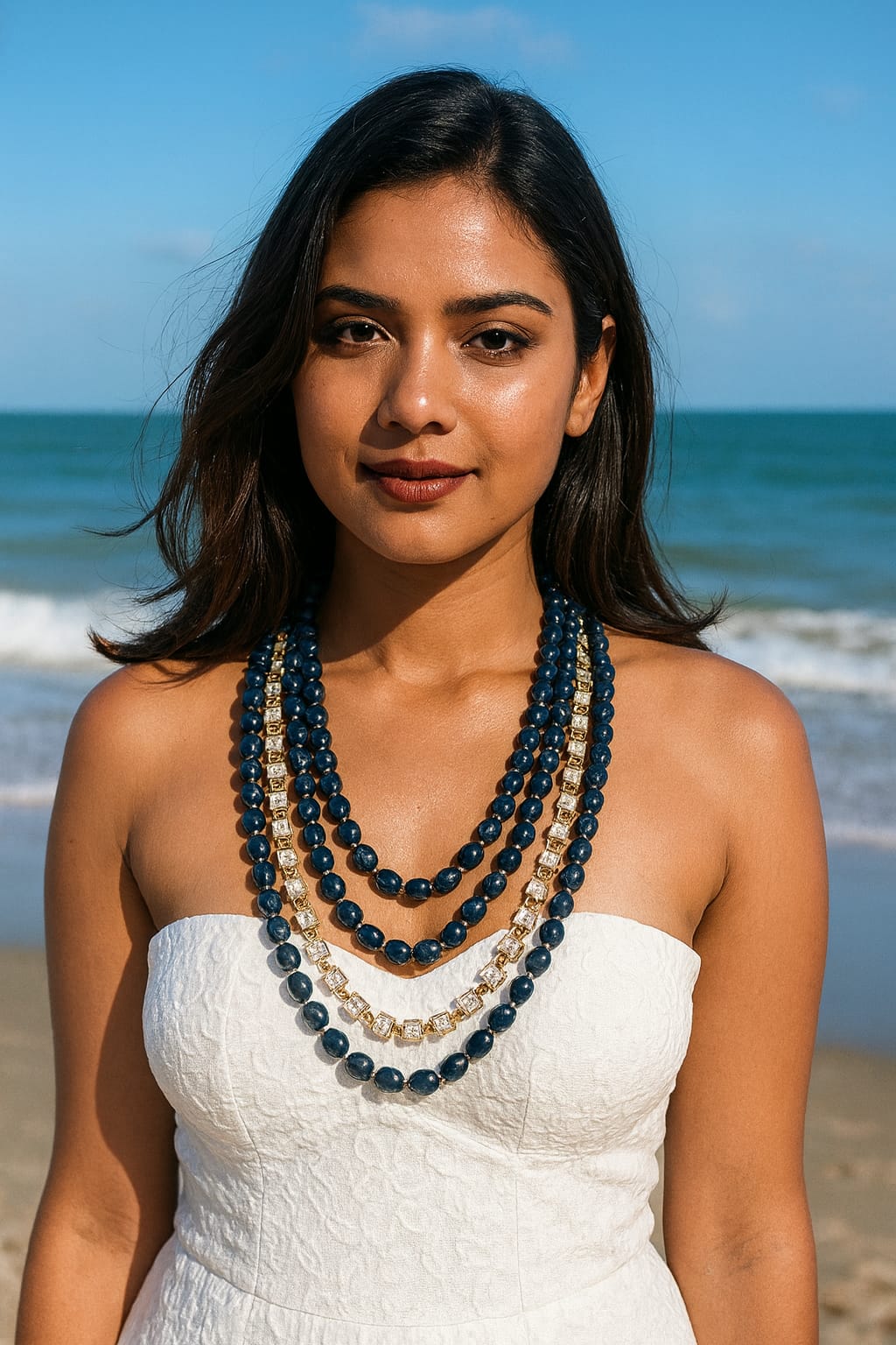 Grand Emerald Blue Beaded Mala with Gold & Stone with Five Layer