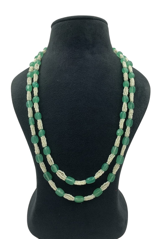 Dual Layer Green Beaded Mala with White Beads  For Women