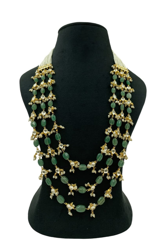Designer Green Pearls & Kundan Beaded Mala with Three layer