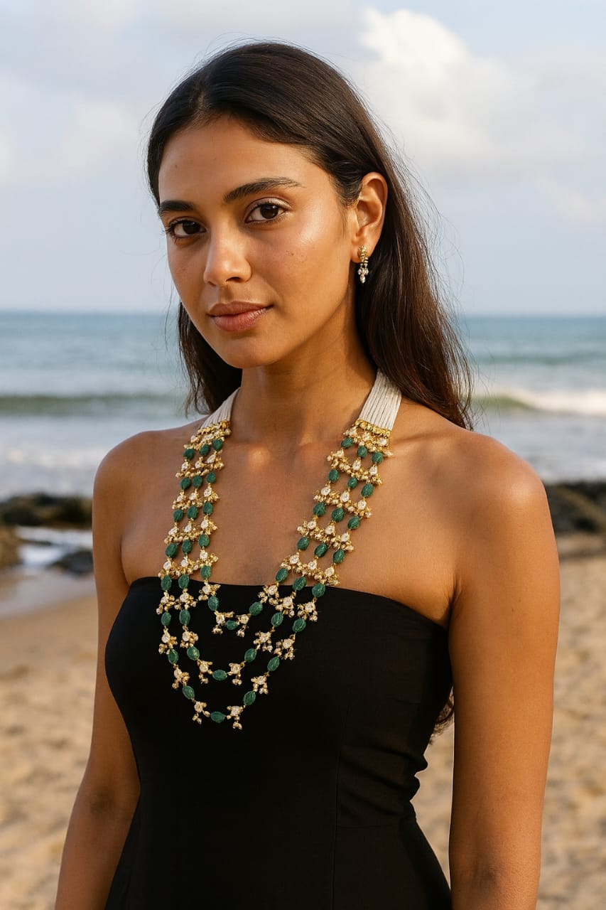 Designer Green Pearls & Kundan Beaded Mala with Three layer