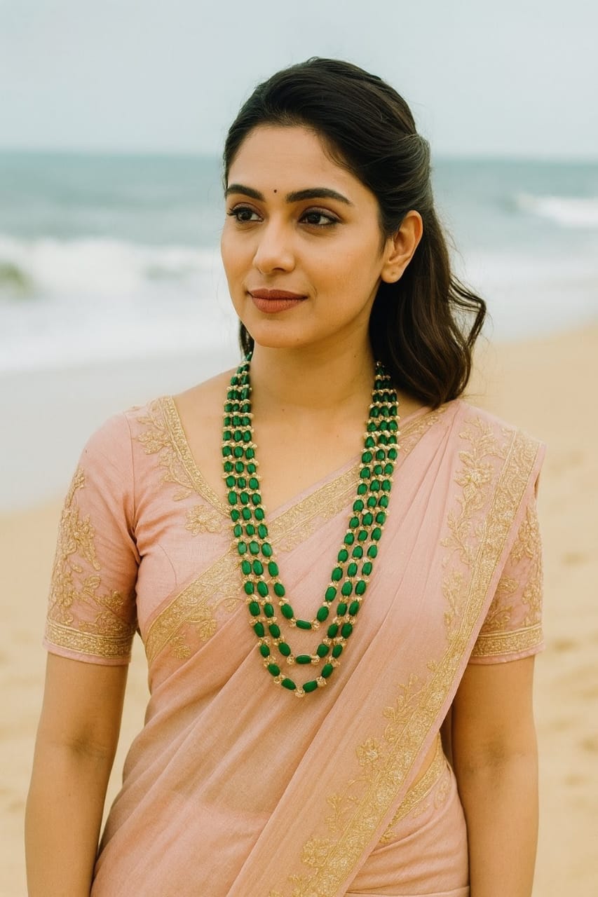 Elegant Green Pearl Mala with Three Layer for Women