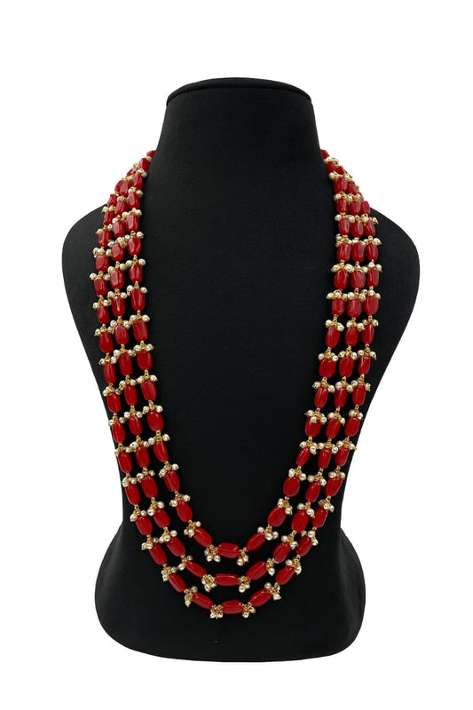 Designer Red Pearls & Kundan Beaded Mala with Three layer