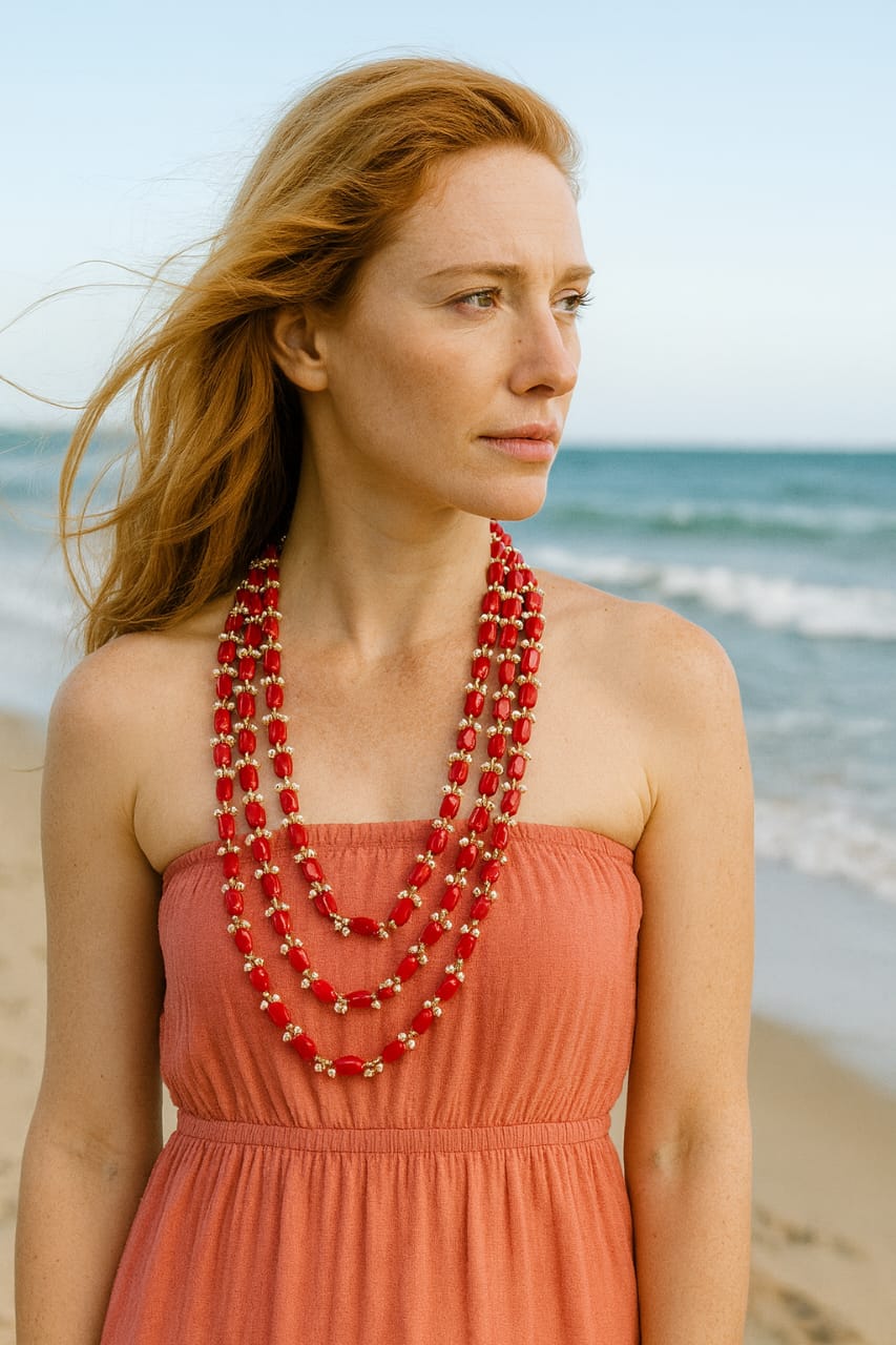 Designer Red Pearls & Kundan Beaded Mala with Three layer