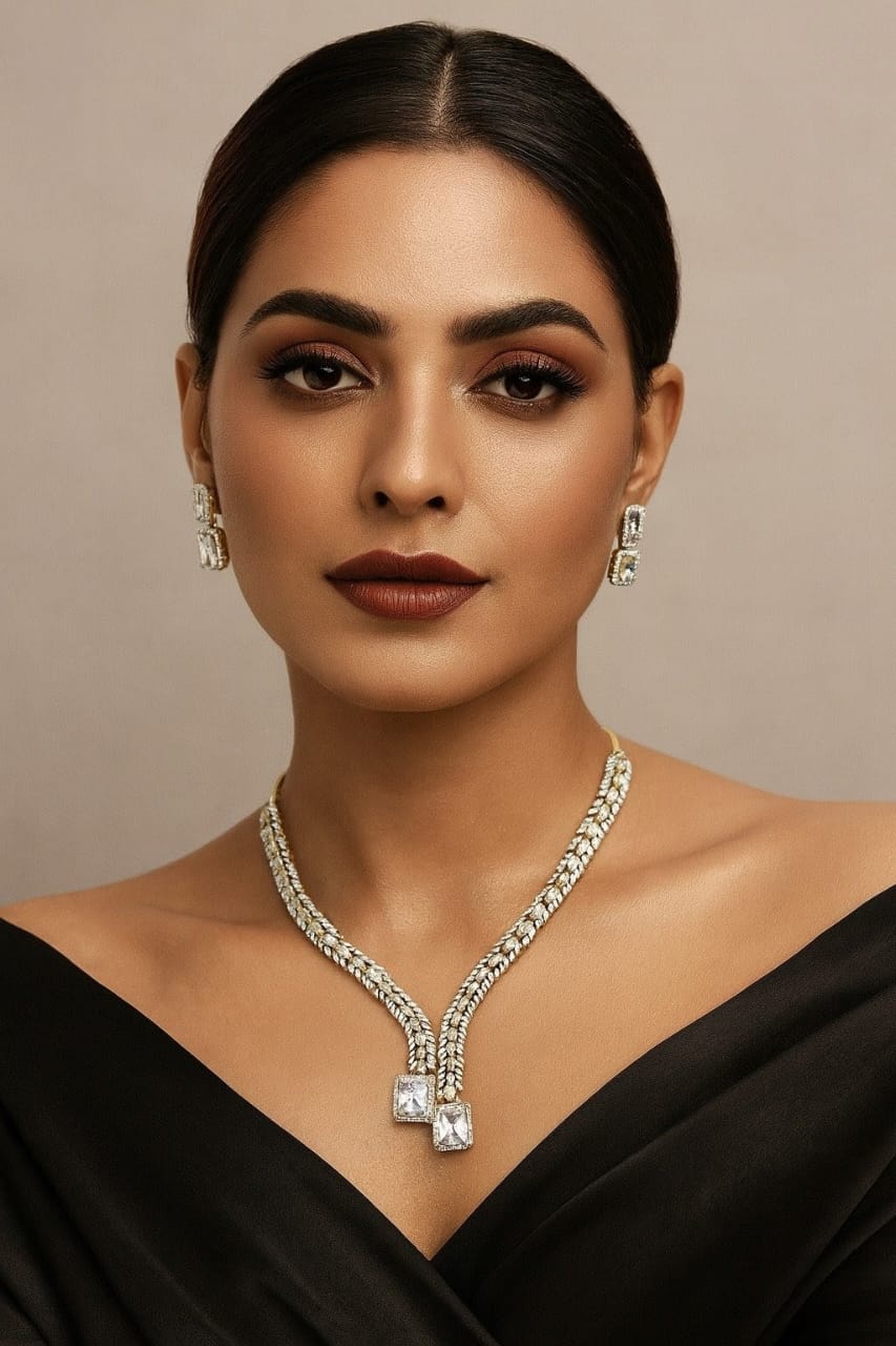 Elegant Gold & Silver Leaf Design CZ Stone Necklace With Earrings Set