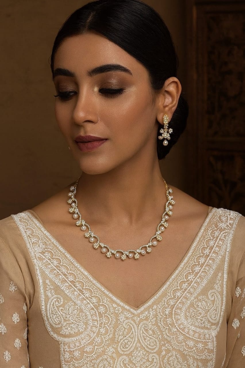 Elegant Gold Plated Pearl & CZ Stone Necklace with Earrings For Women