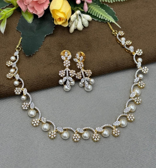 Elegant Gold Plated Pearl & CZ Stone Necklace with Earrings For Women