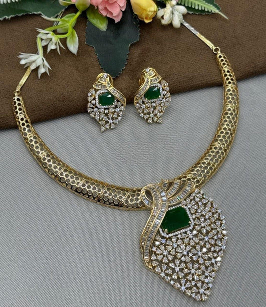 Elegant Gold-Tone Necklace Set with Green Stone and Sparkling CZ