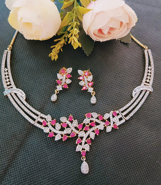 Designer Necklace & Earrings Set with Pink and White CZ Stones
