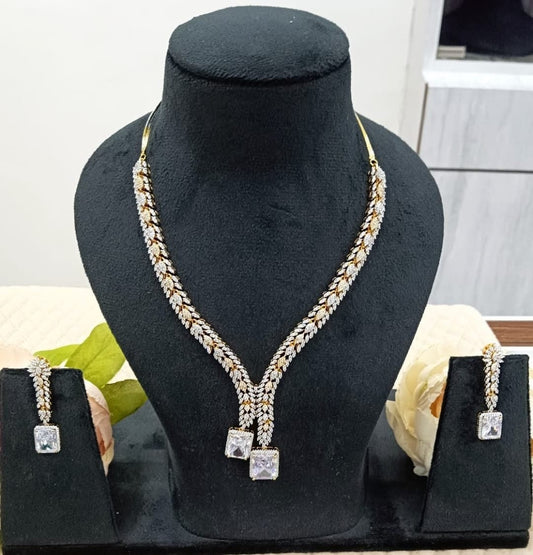 Elegant Gold & Silver Leaf Design CZ Stone Necklace With Earrings Set