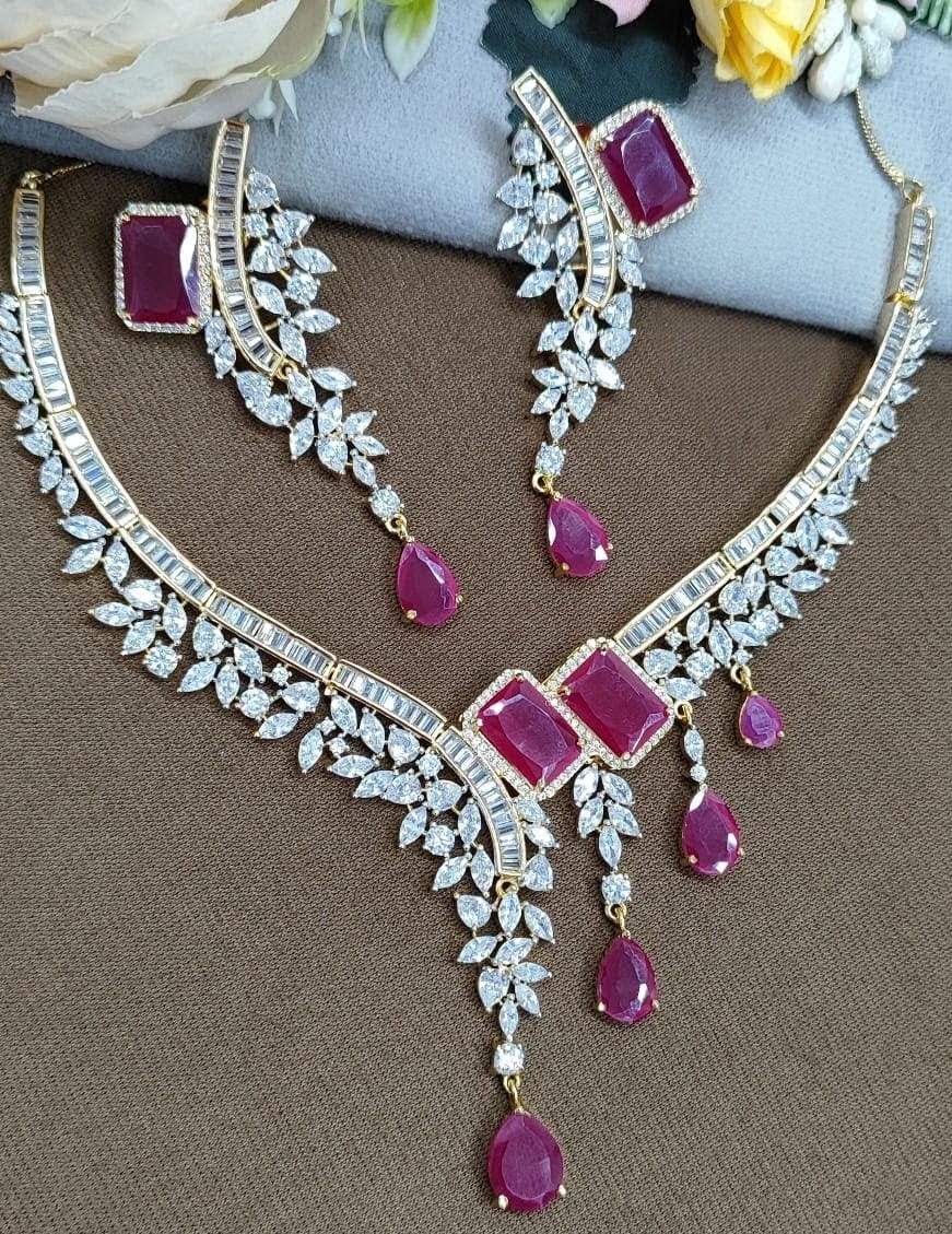 Designer Pink Emerald-Cut CZ Necklace & Earrings Set