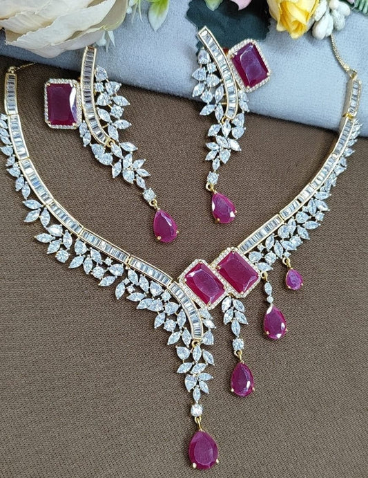Designer Pink Emerald-Cut CZ Necklace & Earrings Set