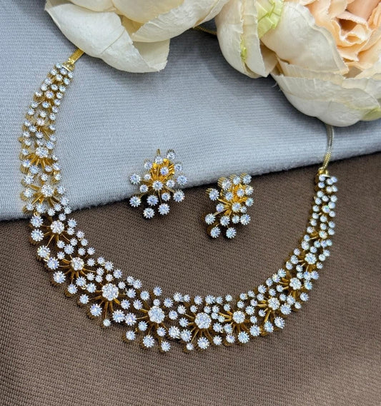 Floral CZ Stone Necklace Set with Matching Earrings