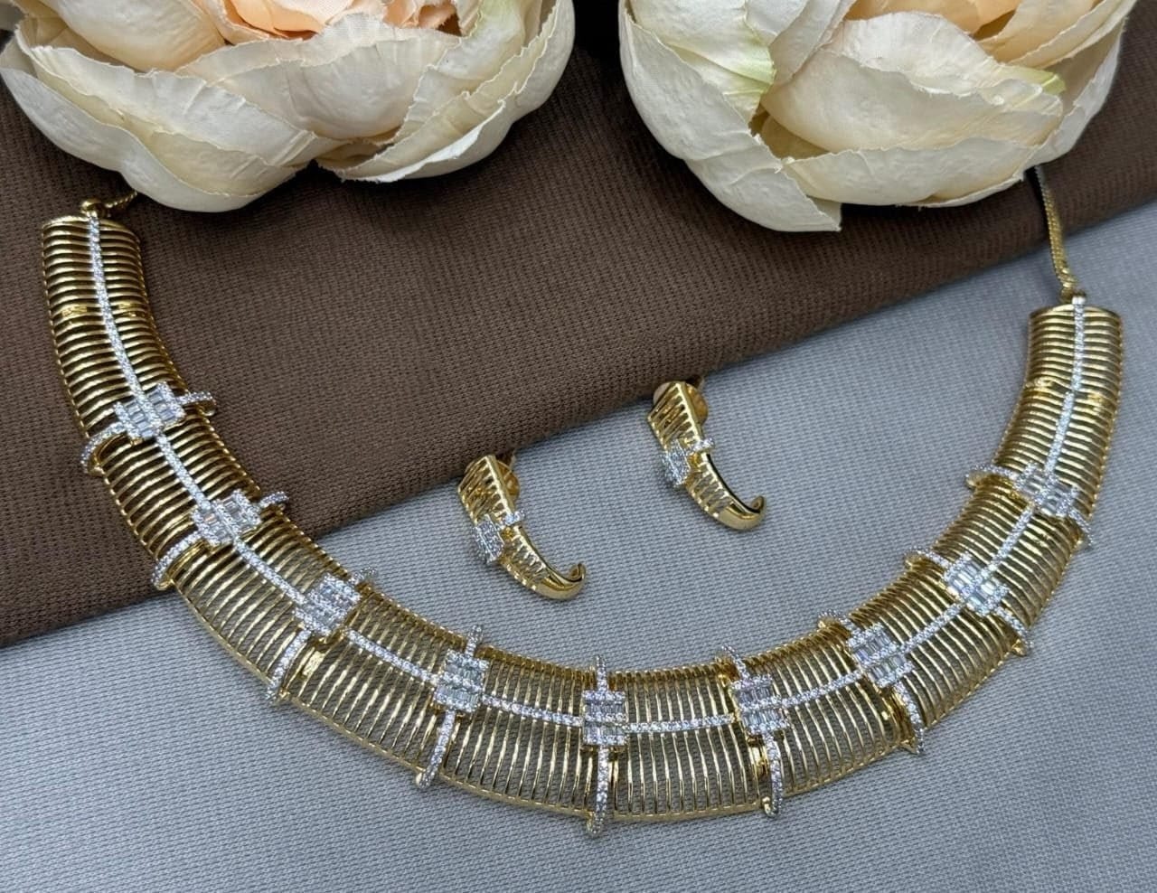 Elegant Gold-Plated Necklace & Earrings Set with Crystal Detailing