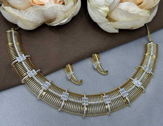 Elegant Gold-Plated Necklace & Earrings Set with Crystal Detailing