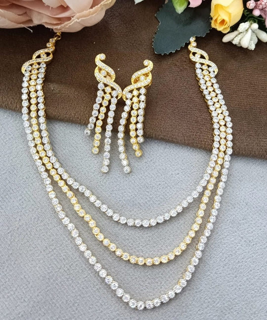 Gold & Silver Triple Layer CZ Necklace Set with Earrings