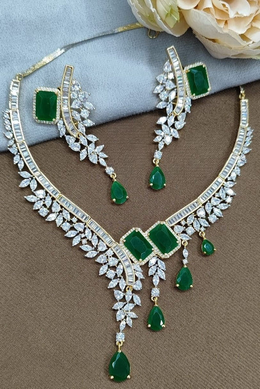 Designer Green Emerald-Cut CZ Necklace & Earrings Set