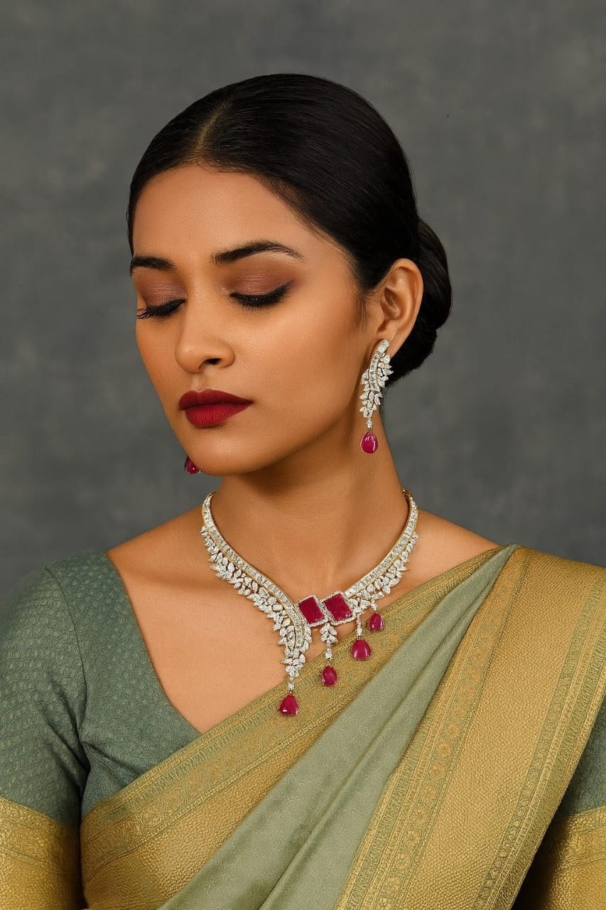 Designer Pink Emerald-Cut CZ Necklace & Earrings Set