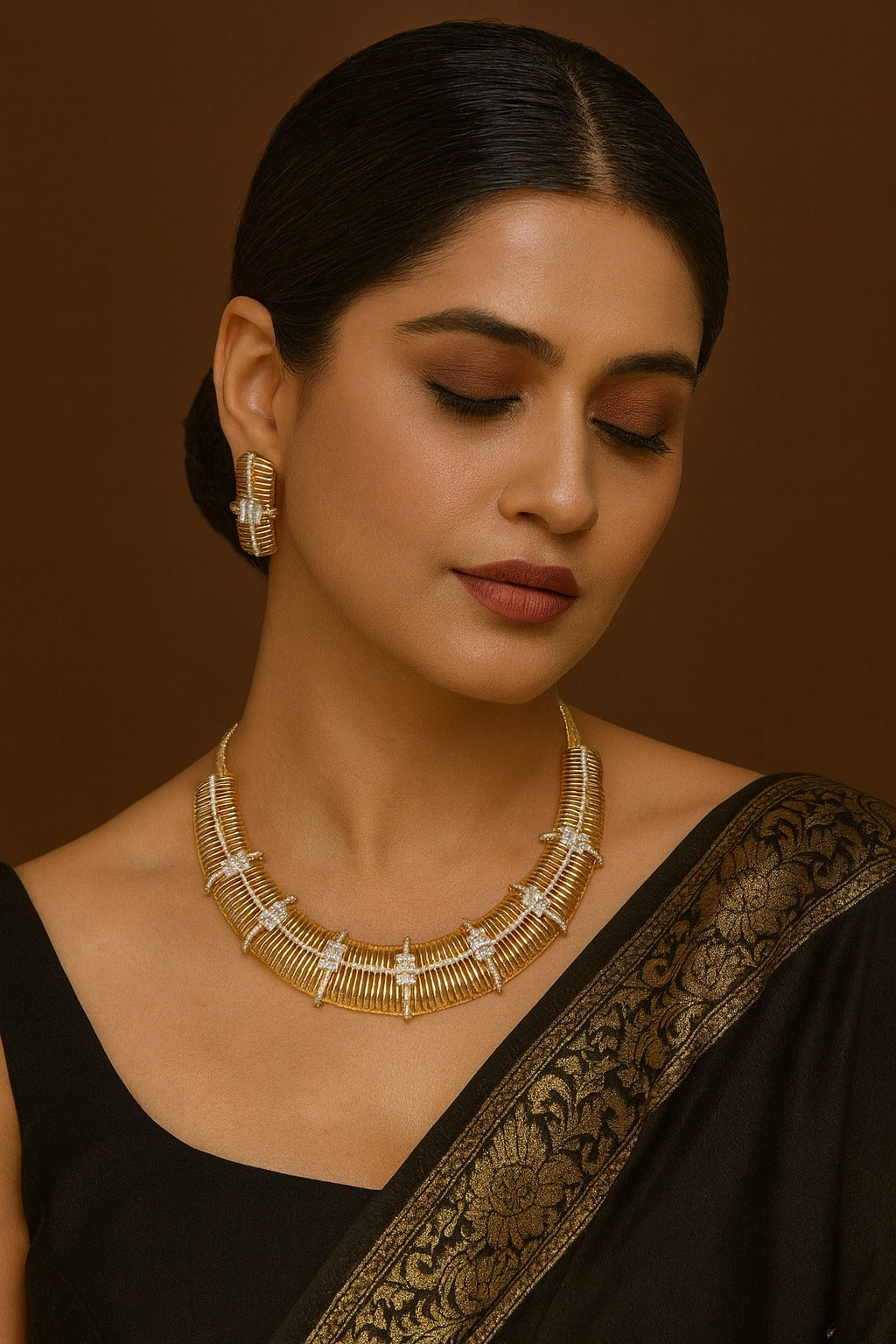 Elegant Gold-Plated Necklace & Earrings Set with Crystal Detailing