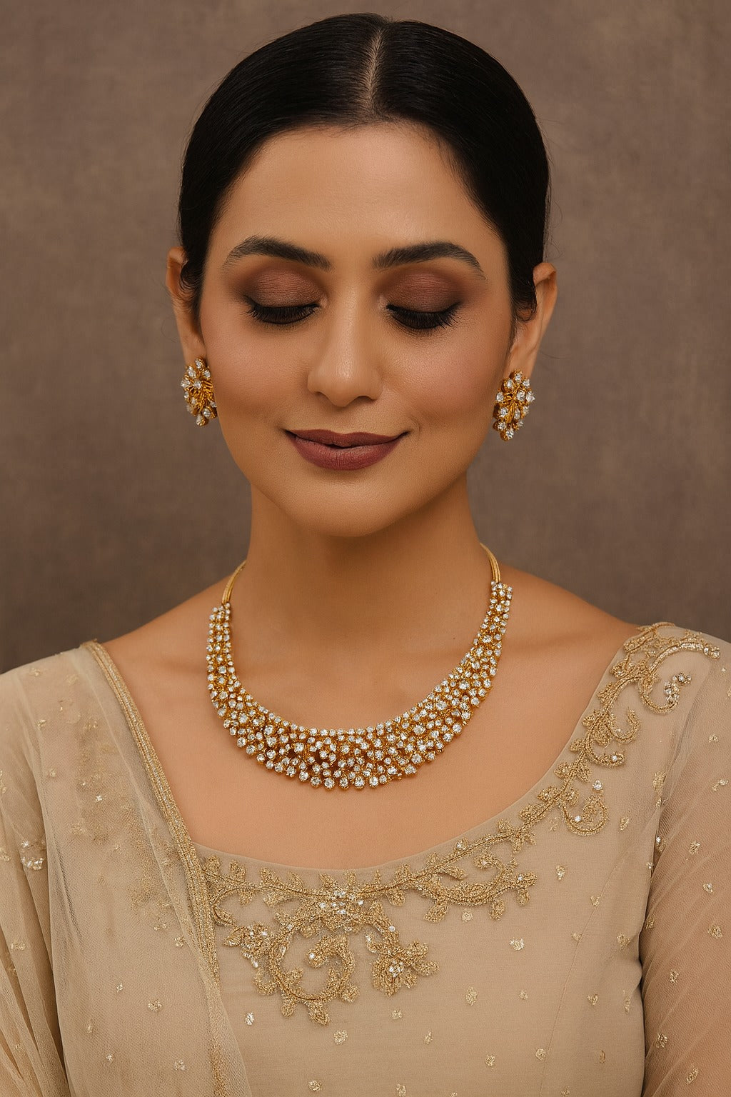 Floral CZ Stone Necklace Set with Matching Earrings