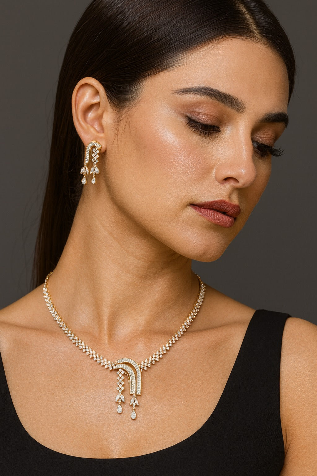 Elegant Gold-Plated CZ Necklace Set with Matching Earrings