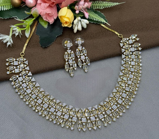Gold Plated CZ Diamond Choker Necklace Set with Earrings