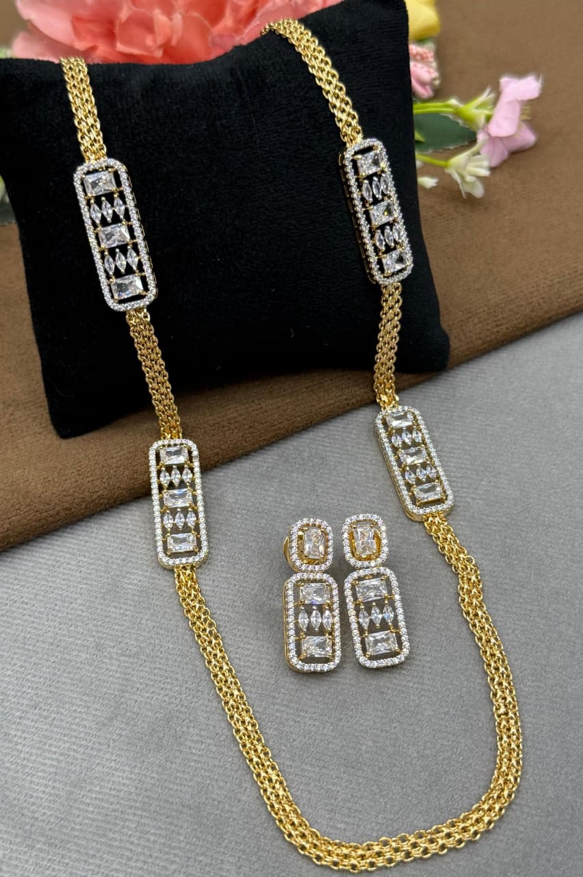 Elegant Long Necklace Set with Rectangle CZ Accents & Earrings