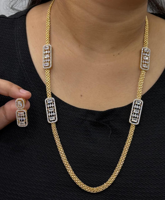 Elegant Long Necklace Set with Rectangle CZ Accents & Earrings