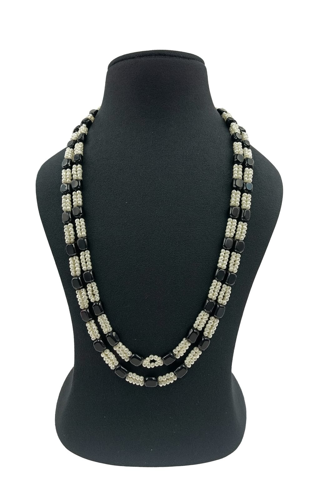 Double Layer Black Beaded Mala with White Beads  For Women