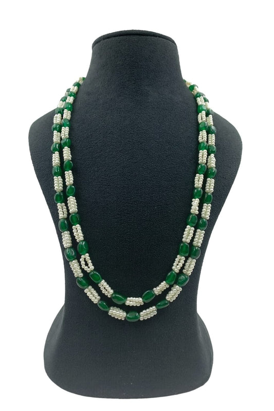 Double Layer Green Beaded Mala with White Beads  For Women