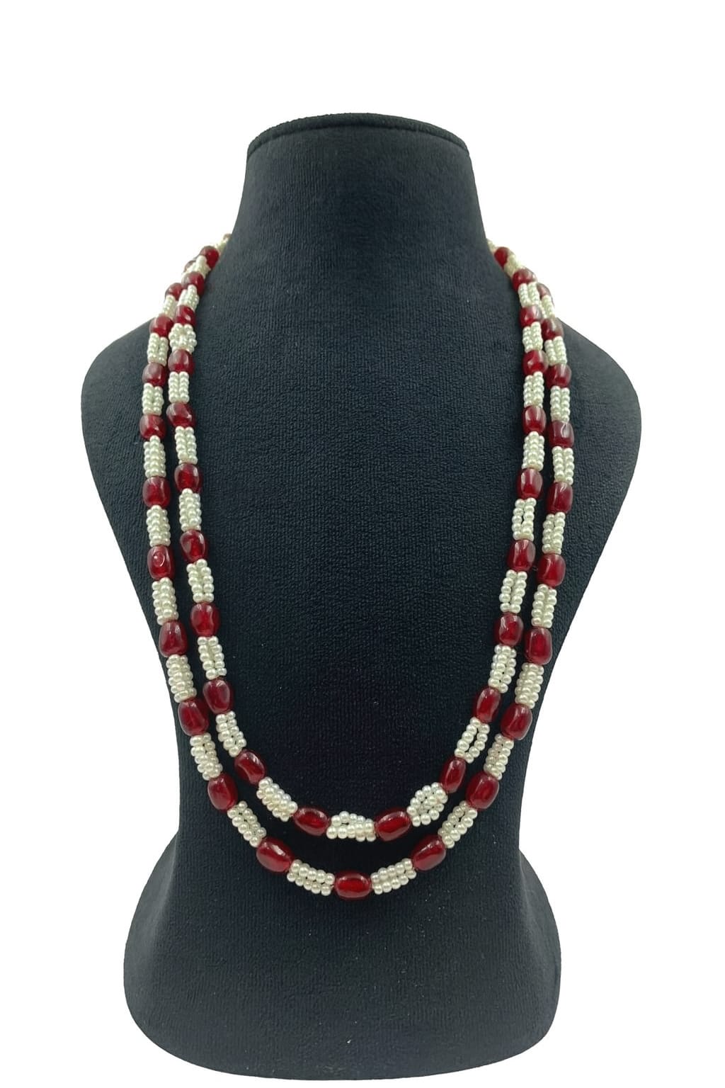 Double Layer Red Beaded Mala with White Beads  For Women