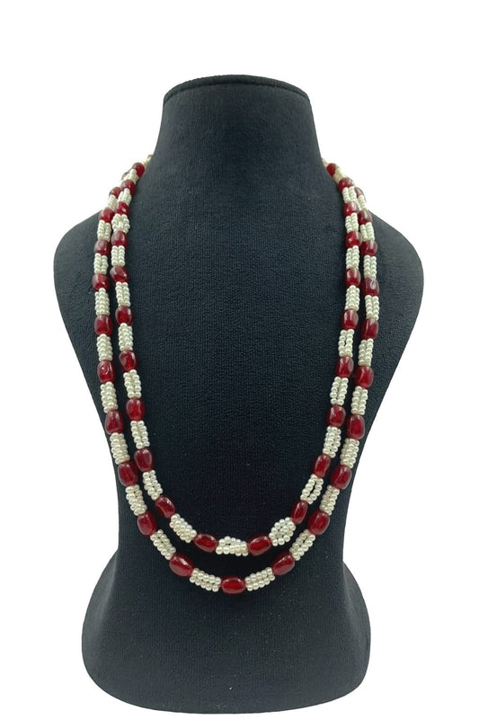 Double Layer Red Beaded Mala with White Beads  For Women