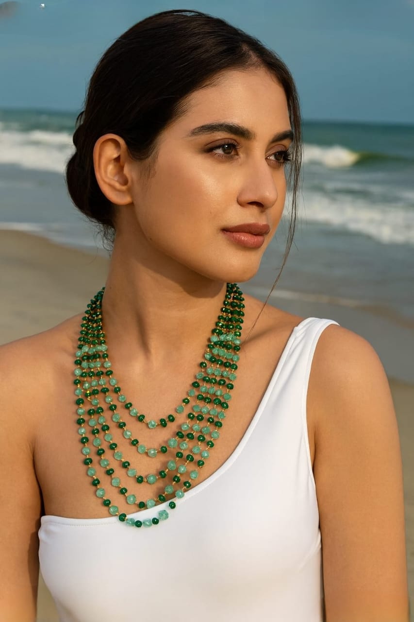 Handmade Multi layer with Green Beaded Mala For Women
