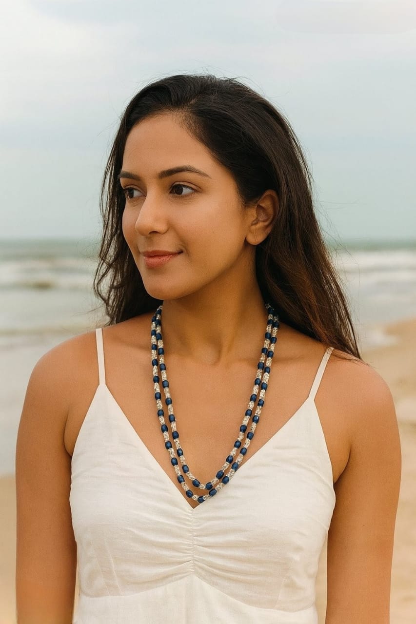 Double Layer Mint Blue Beaded Mala with White Beads  For Women