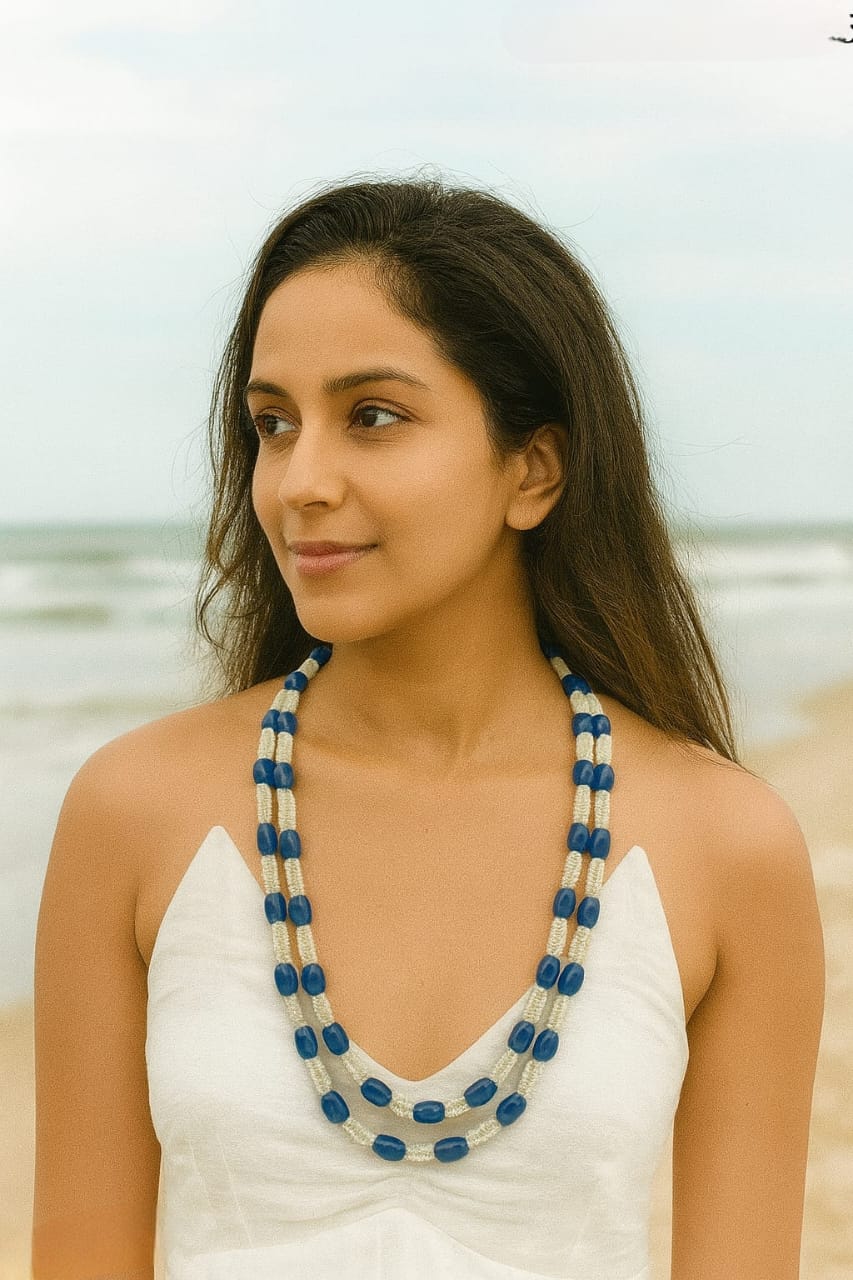 Unique Double Layer Blue Beaded Mala with White Beads  For Women