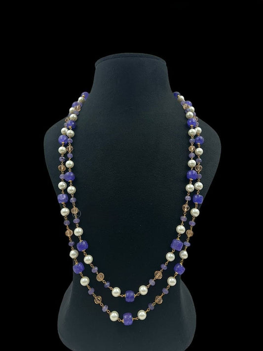 Elegant Long Two Layer Royal Purple Beaded & Pearl Mala For Women