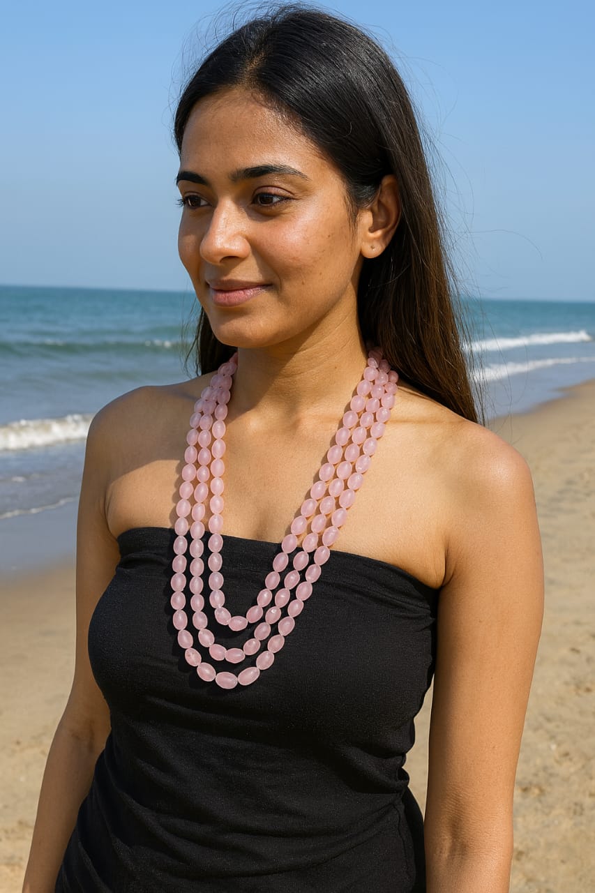 Ethnic Handcrafted three Layer Mint Pink Beaded Cz Mala for Women