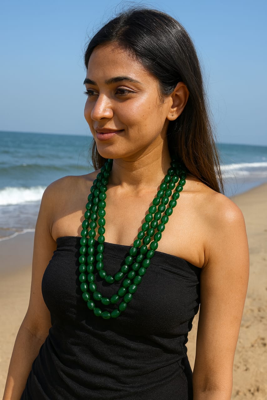 Ethnic Handcrafted three Layer Green Beaded Cz Mala for Women
