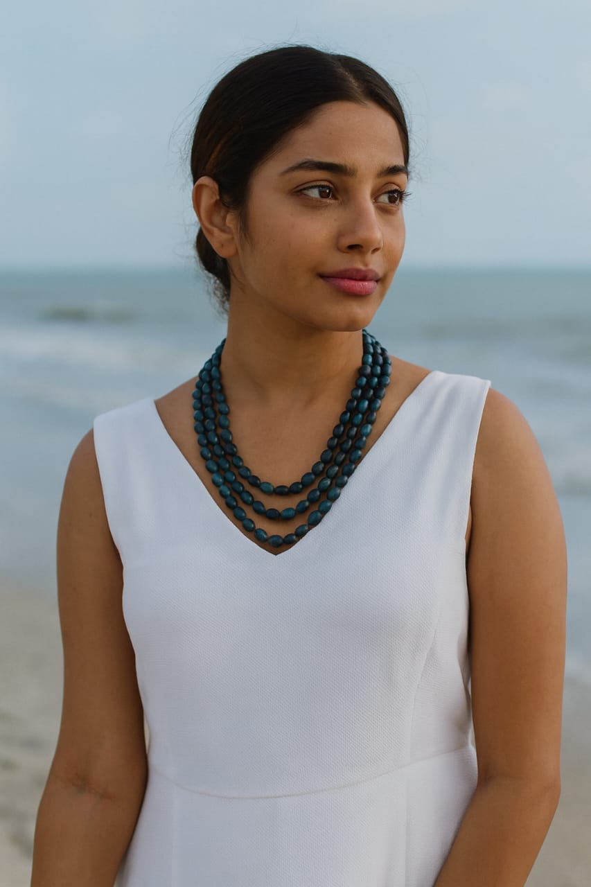 Ethnic Handcrafted Three Layer Blue Beaded Cz Mala for Women