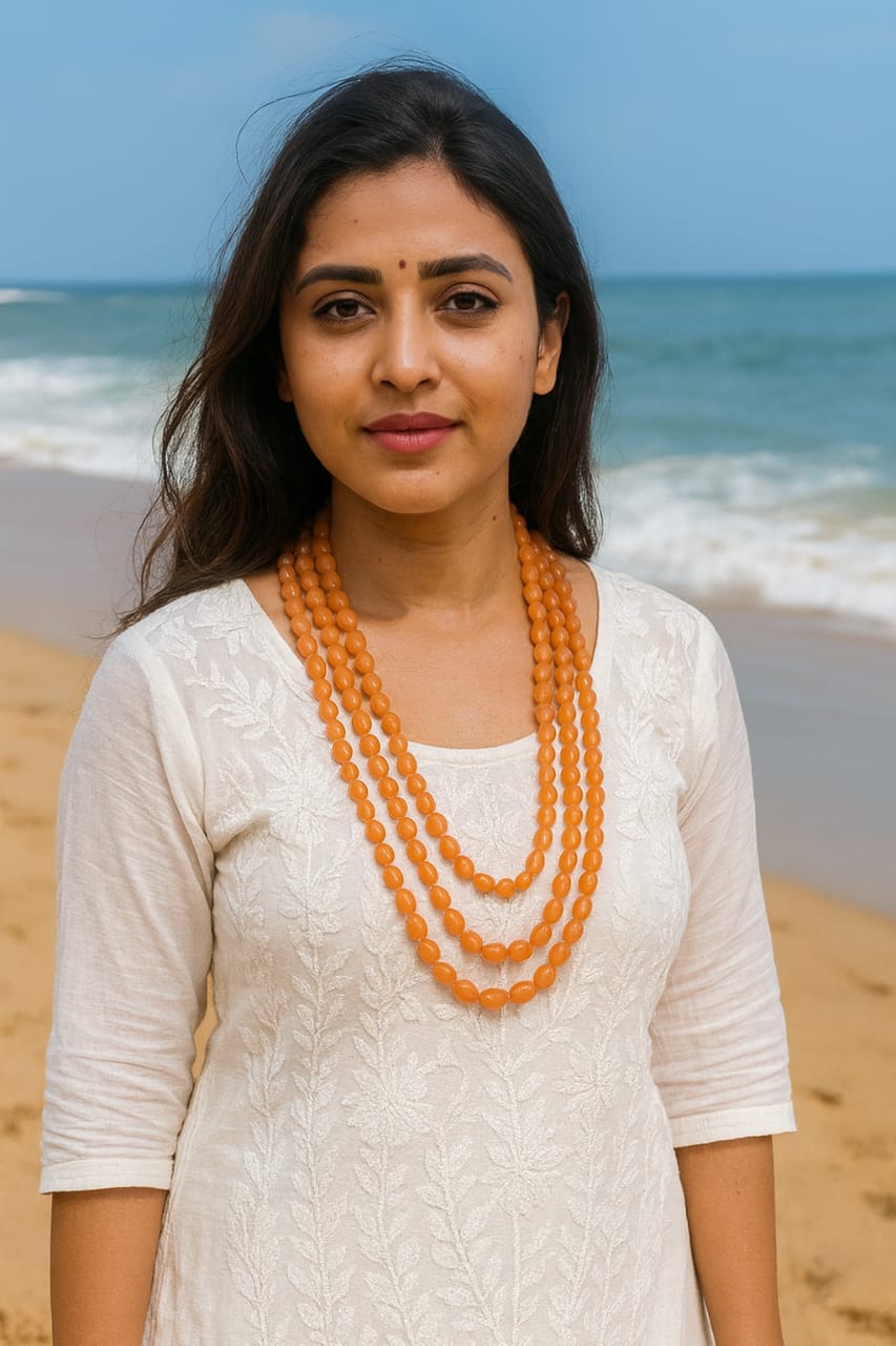 Ethnic Handcrafted Four Layer orange Beaded Cz Mala for Women