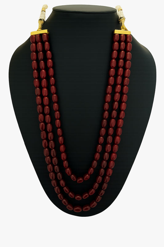 Ethnic Handcrafted three Layer Maroon Beaded Cz Mala for Women